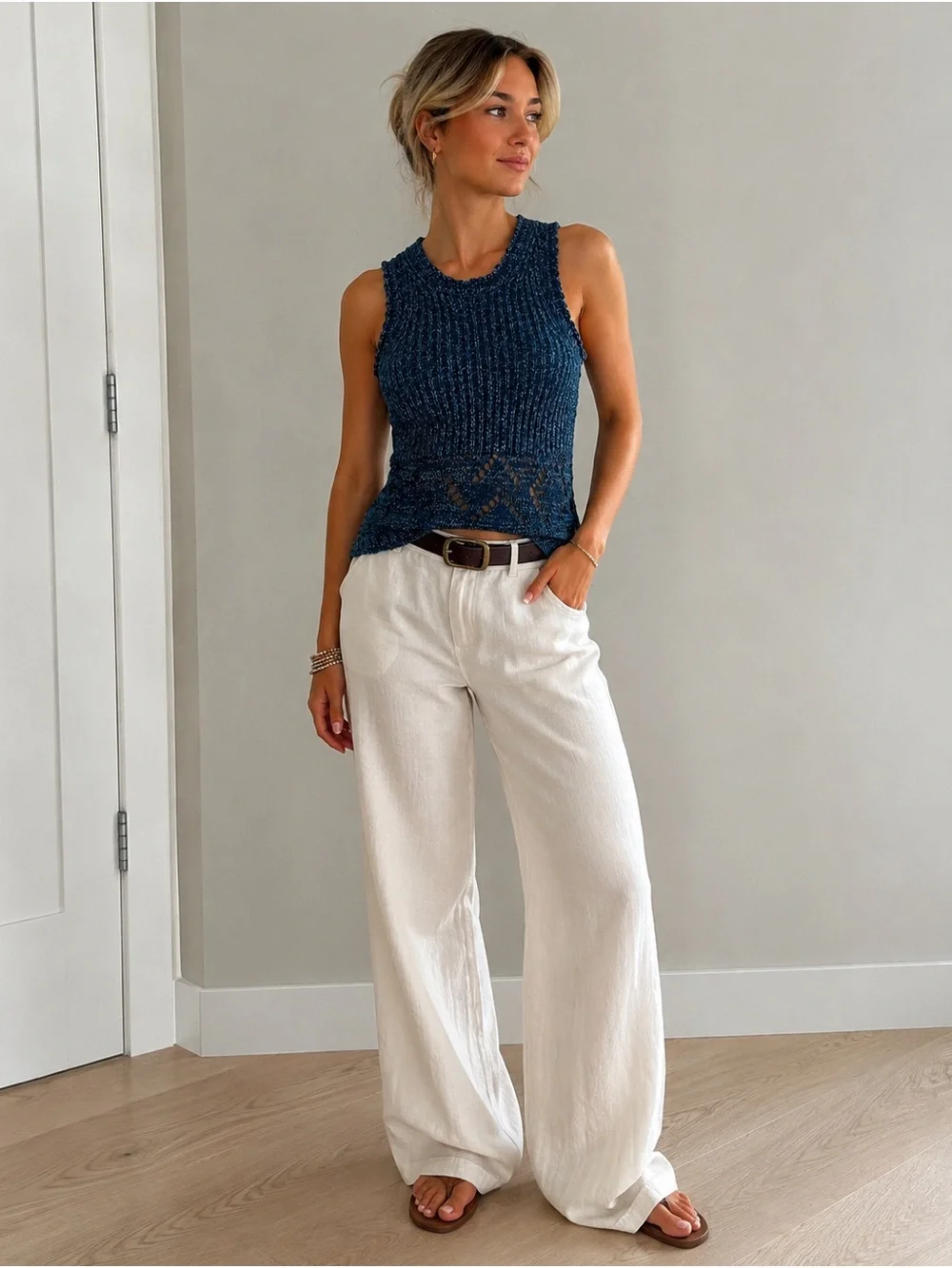 Anthropologie Blue Stitched Sweater Knit crochet Tank Top - Navy Blue XXS